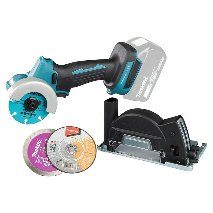 Makita LXT 18V Akku-Trennschleifer DMC300Z - Ohne Akku - Ein blau-schwarzes Makita Akku-Trenngerät mit Akku, drei verschiedenen Trennscheiben (türkis, lila, orange) und einer schwarzen Schnittführung.