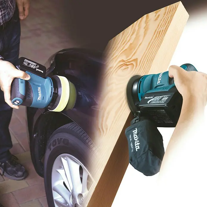 Makita LXT 18V Lijadora excéntrica de batería DBO180RTJ -  - Pulidora/lijadora inalámbrica Makita 18V turquesa/negra, puliendo un coche y lijando madera.
