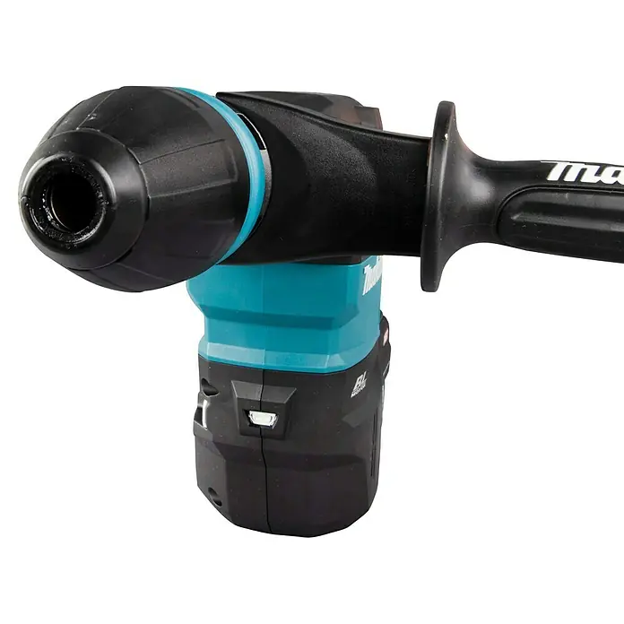 Makita XGT 40V max. Akku-Kombihammer HM001GZ02 - 40 V, Ohne Akku, 9,4 J - Schwarz-türkiser Makita Bohrhammer, von vorne mit sichtbarem Bohrfutter.