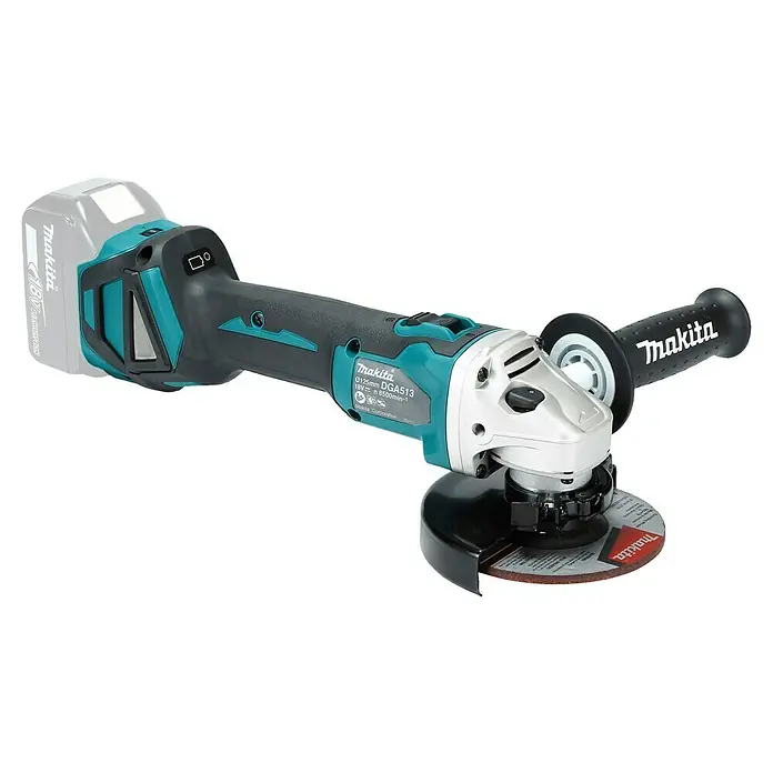 Makita LXT 18V Akku-Winkelschleifer DGA513Z - 18 V, Ohne Akku, Durchmesser Scheibe: 125 mm - Makita 18V Akku-Winkelschleifer in Türkis und Schwarz mit grauem Akku und roter Trennscheibe.