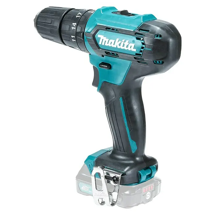 Makita CXT 12V max. Akku-Schlagbohrschrauber HP333DZ - 12 V, Ohne Akku, 30 Nm, Ohne Akku und Zubehör - Schwarz-türkisfarbene Makita Akku-Bohrmaschine mit Bohrfutter, einstellbaren Drehmomenteinstellungen, Abzug und Gürtelclip, mit 12V Akku.