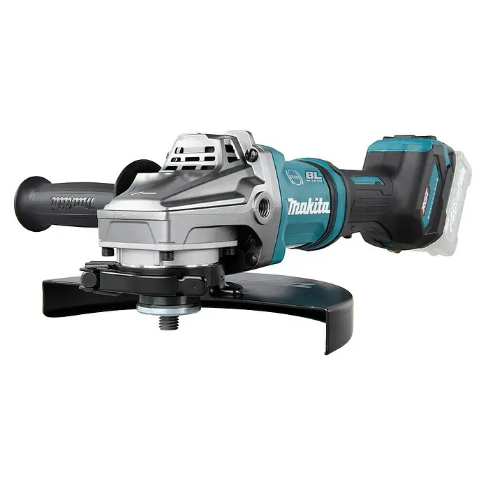 Makita XGT 40V max. Akku-Winkelschleifer GA038GZ - 40 V, Ohne Akku, Durchmesser Scheibe: 230 mm - Akku-Winkelschleifer von Makita mit silbergrauem Gehäuse, türkis-schwarzen Akzenten, schwarzem Griff und schwarzer Schutzhaube.
