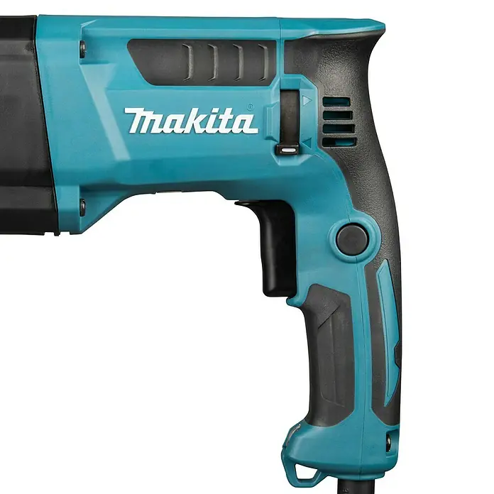 Makita Kombihammer HR2670FTX1 - 800 W, 3 J, SDS-Plus-Aufnahme - Türkis-schwarzer Makita Bohrhammer mit ergonomischem Griff und Gehäuse.