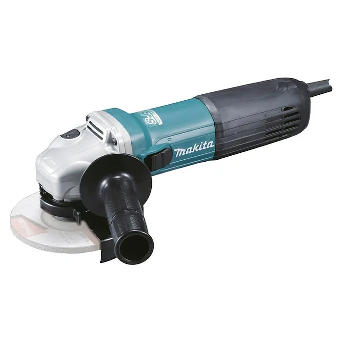 Makita Elektro-Winkelschleifer GA5040RZ1 - 1.100 W, Leerlaufdrehzahl: 11.000 U/min - Ein türkis-schwarzer Makita Winkelschleifer mit silbernem Kopf, schwarzem Zusatzgriff und einer weißen Trennscheibe.