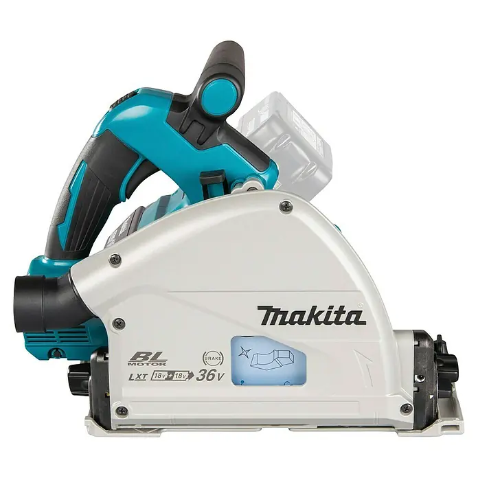 Makita LXT 18V Akku-Tauchsäge DSP600ZJ - 18 V, Ohne Akku, 2.500 U/min - 6.300 U/min - Makita 36V Akku-Tauchsäge mit BL Motor, türkis/schwarzem Griff und weißem Gehäuse.
