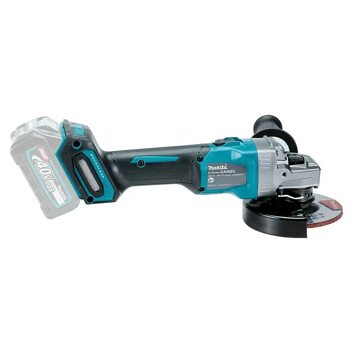 Makita XGT 40V max. Amoladora angular de batería GA008GZ - 40 V, Sin batería, Diámetro disco: 125 mm - Amoladora angular a batería Makita GA008G 40V XGT sin escobillas, con cuerpo negro y turquesa, cabezal plateado y disco de corte rojo.