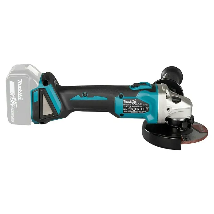 Makita LXT 18V Akku-Winkelschleifer DGA504Z - 18 V, Li-Ionen, Ohne Akku, Durchmesser Scheibe: 125 mm - Makita 18V Akku-Winkelschleifer in Schwarz und Türkis, mit silbernem Kopf und Schleifscheibe.