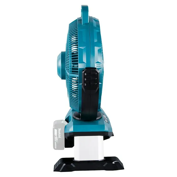 Makita LXT 18V Akku-Ventilator DCF301Z - 18 V, Ohne Akku - Türkis-schwarzer Makita Ventilator mit angeschlossenem 18V Lithium-Ionen-Akku.