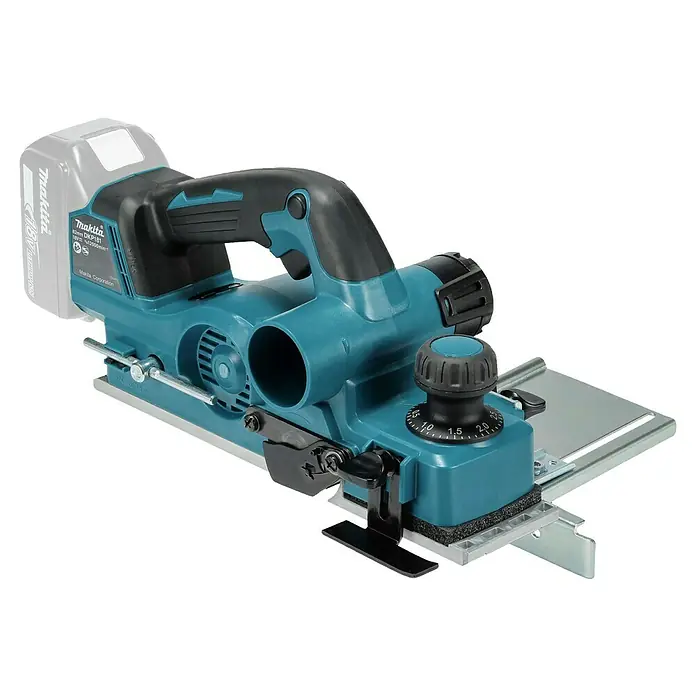 Makita LXT 18V Akku-Hobel - 18 V, Ohne Akku, Leerlaufdrehzahl: 12.000 U/min - Türkis-schwarzer Makita 18V Akku-Hobel mit Tiefenverstellung, Akku und Seitenanschlag.