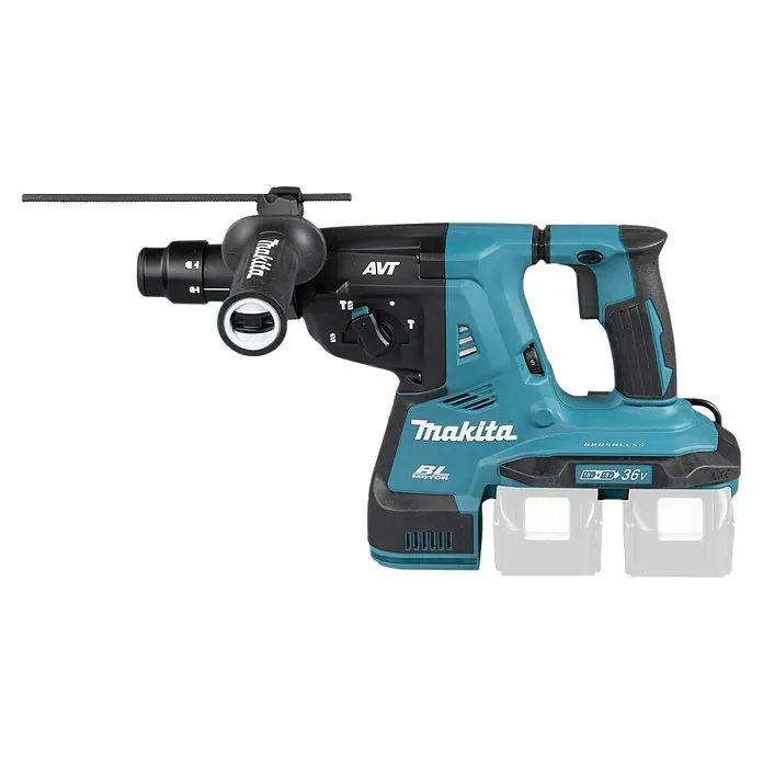Makita LXT 18V Akku-Kombihammer DHR281ZJ - 36 V, Ohne Akku, 2,8 J - Türkis-schwarzer Makita Bohrhammer mit Zusatzhandgriff und zwei Akkus, ausgelegt für kraftvolles Bohren.