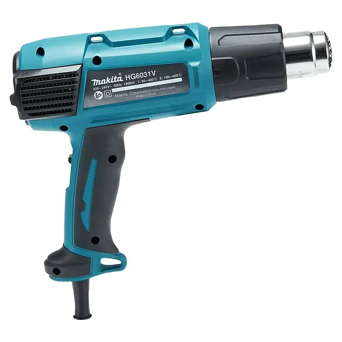 Makita Heißluftgebläse HG6031VK - 1.800 W, Temperaturbereich: 50 °C - 600 °C - Makita HG6031V Heißluftpistole in Türkis und Schwarz mit Metall-Düse. Ein professionelles Werkzeug für Heizarbeiten.