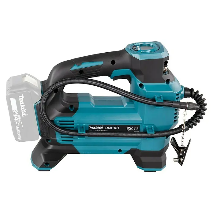 Makita LXT 18V Compresor de batería DMP181Z - 18 V, Sin batería, 11,1 bar - Inflador inalámbrico Makita DMP181 de 18V en turquesa y negro con batería, manguera y boquilla para neumáticos.