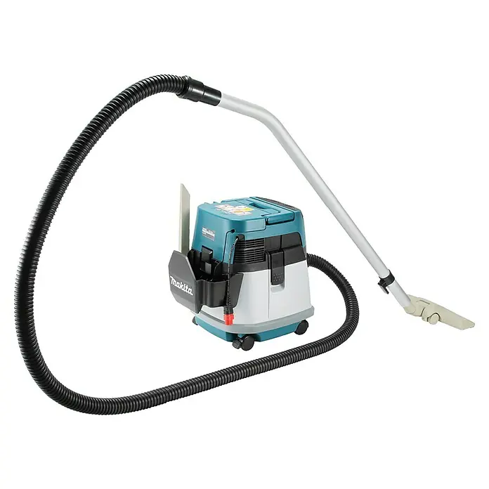 Makita LXT 18V Akku-Nass-Trockensauger DVC150LZ - 36 V, Ohne Akku, Behältervolumen: 15 l - Makita türkis-weißer Staubsauger mit schwarzem Wellschlauch und silbernem Saugrohr mit beiger Düse.