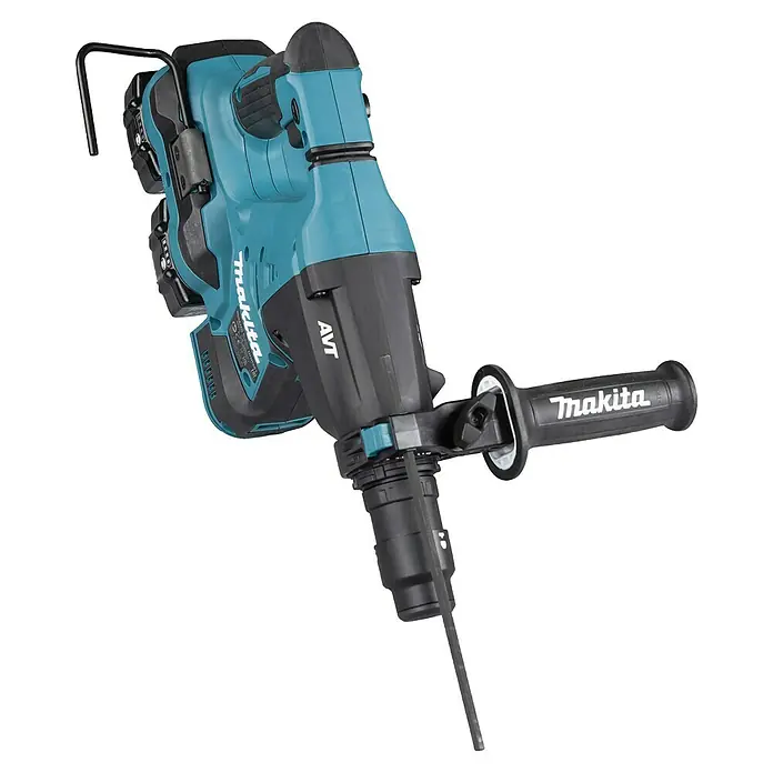 Makita LXT 18V Akku-Kombihammer DHR281ZJ - 36 V, Ohne Akku, 2,8 J - Türkis-schwarzer Akku-Makita-Bohrhammer mit Zusatzhandgriff und Bohrer.