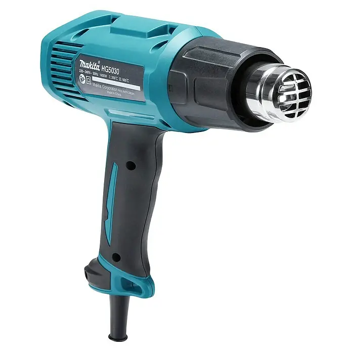 Makita Heißluftgebläse HG5030K - 1.600 W, Temperaturbereich: 350 °C - 500 °C - Türkise und schwarze Makita HG5030 Heißluftpistole mit metallischer Düse, nach rechts abgewinkelt.