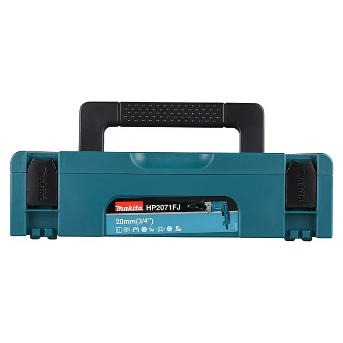 Makita Schlagbohrmaschine HP2071FJ - 1.100 W, Schnellspannbohrfutter - Türkisfarbener Makita Werkzeugkoffer aus Kunststoff mit schwarzem Griff und Verschlüssen, beschriftet für den HP2071FJ Bohrer.