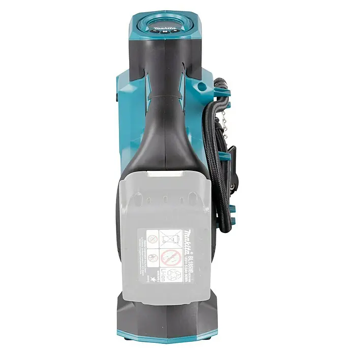 Makita LXT 18V Compresor de batería DMP181Z - 18 V, Sin batería, 11,1 bar - Inflador de aire inalámbrico Makita turquesa y negro con batería, pantalla digital y manguera.
