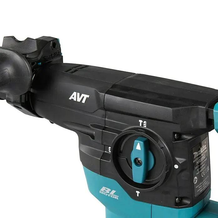 Makita XGT 40V max. Akku-Kombihammer HR009GZ - 40 V, Ohne Akku, 3,9 J - Nahaufnahme eines schwarz-türkisen Makita Bohrhammers mit "AVT" und "BL MOTOR" Beschriftung, Kontrollräder sichtbar.