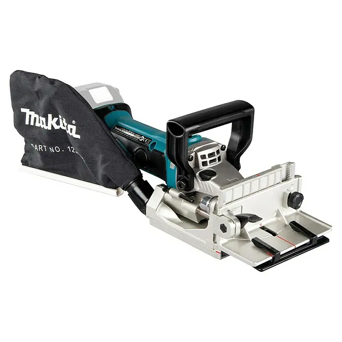 Makita LXT 18V Akku-Flachdübelfräse DPJ180Z - 18 V, Ohne Akku, 0 Ah, Schnitttiefe: 20 mm - Makita Flachdübelfräse mit silber-grauem und türkisfarbenem Gehäuse, schwarzem Griff und Staubsack.