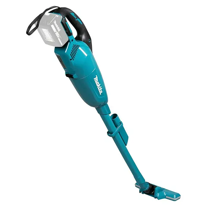 Makita LXT 18V Akku-Staubsauger DCL284F - 18 V, Ohne Akku, Behältervolumen: 0,73 l - Makita 18V türkiser und schwarzer Akku-Stielstaubsauger mit grauem Akku, für effiziente Reinigung.