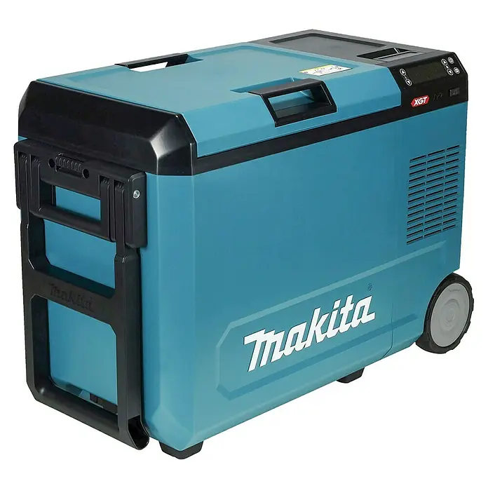 Makita Akku-Kühlbox zum Kühlen & Warmhalten CW004GZ - 18 V, Ohne Akku, 29 l - Eine türkise und schwarze tragbare Makita Kühl-/Wärmebox mit Griffen, Rollen und Bedienfeld.
