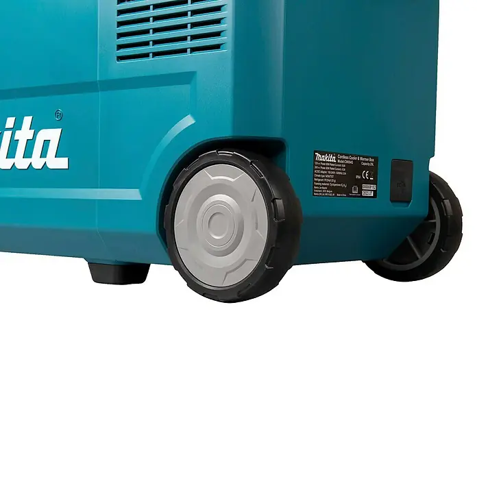 Makita Akku-Kühlbox zum Kühlen & Warmhalten CW004GZ - 18 V, Ohne Akku, 29 l - Türkise Makita Akku-Kühl- und Wärmebox mit sichtbaren Rädern und Produktetikett.