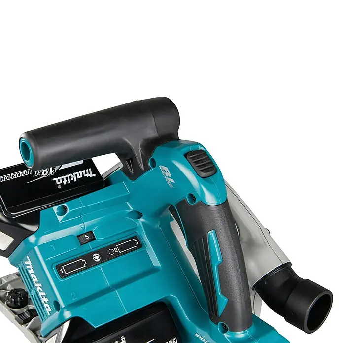Makita LXT 18V Akku-Tauchsäge DSP600ZJ - 18 V, Ohne Akku, 2.500 U/min - 6.300 U/min - Türkise und schwarze Makita Akku-Elektrowerkzeug mit 18V Akku und Staubabsauganschluss.