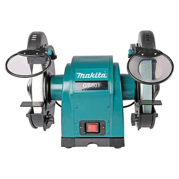 Makita Elektro-Doppelschleifer GB801 - 550 W, 2.850 U/min - Türkiser Makita Doppelschleifbock mit zwei Schleifscheiben, durchsichtigen Schutzscheiben und Werkzeugauflagen.