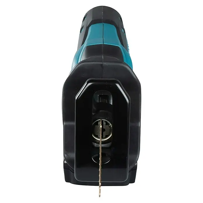 Makita LXT 18V Akku-Säbelsäge DJR183RT1J - 18 V, 1 Akku, 5 Ah, Leerlaufhubzahl: 0 /min - 3.000 /min - Frontansicht einer schwarzen und türkisfarbenen Säbelsäge mit eingesetztem Metallblatt im Sägeschuh.