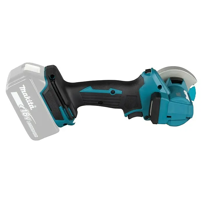 Makita LXT 18V Amoladora angular de batería DMC300Z - 18 V, Sin batería - Amoladora angular sin cable Makita negra y turquesa con una batería de iones de litio de 18V gris.