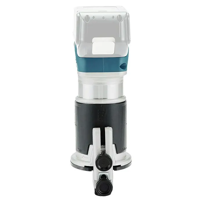 Makita LXT 18V Akku-Multifunktionsfräse DRT50ZJX2 - 18 V, Ohne Akku, Leerlaufdrehzahl: 10.000 U/min - 30.000 U/min - Kompakte Oberfräse mit grauem Fuß, schwarzem Gehäuse und türkiser Akzentleiste, mit Tiefeneinstellknöpfen.