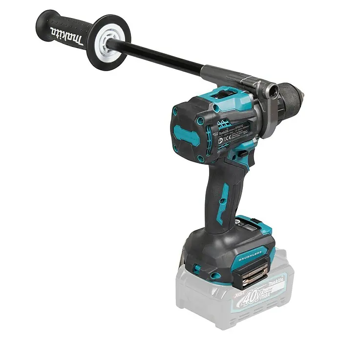 Makita XGT 40V max. Taladro atornillador de batería DF001GZ - 40 V, Sin batería - Taladro percutor inalámbrico Makita XGT 40V max negro y turquesa con empuñadura auxiliar y batería.