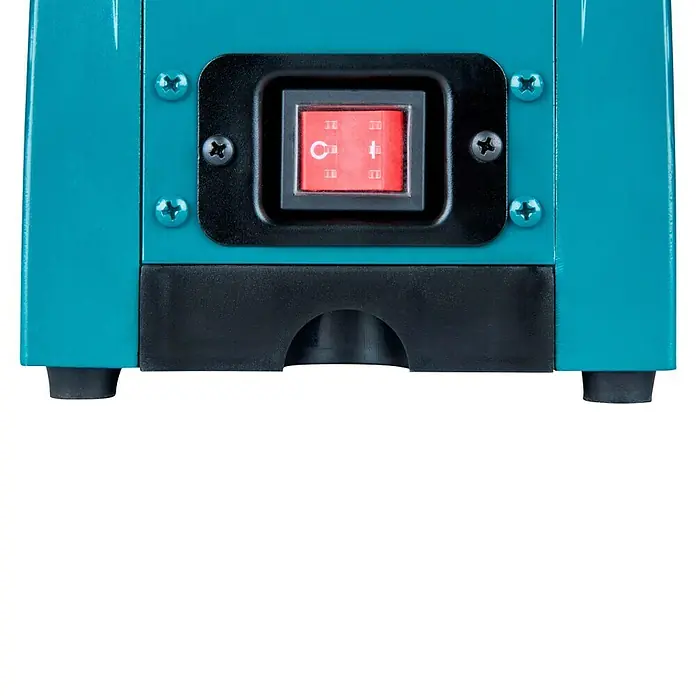 Makita Elektro-Doppelschleifer GB602 - 250 W, 2.850 U/min - Vorderansicht einer türkisfarbenen Maschine mit rotem Wippschalter (Ein/Aus-Symbole), schwarzem Panel und Gummifüßen.