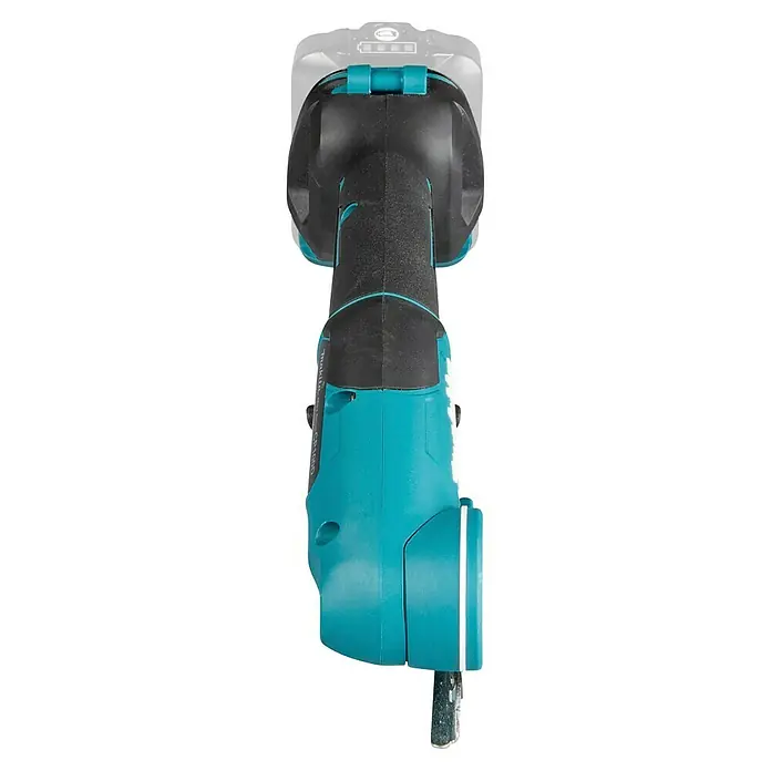 Makita CXT 12V max. Cortador universal de batería CP100DZ - 12 V, Sin batería, Profundidad máx. de corte: 6 mm - Herramienta multifunción inalámbrica negra y turquesa con batería y accesorio de corte, vista desde arriba.