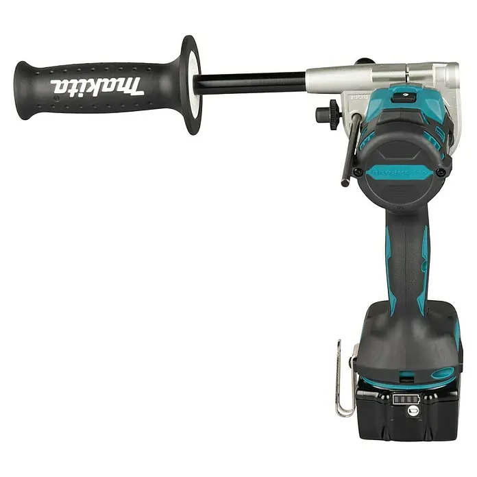 Makita LXT 18V Akku-Schlagbohrschrauber DHP492RTJ - 18 V, 2 Akkus, 5 Ah, 130 Nm - Schwarzer und türkiser Makita Akku-Bohrhammer mit Zusatzhandgriff und Akku.