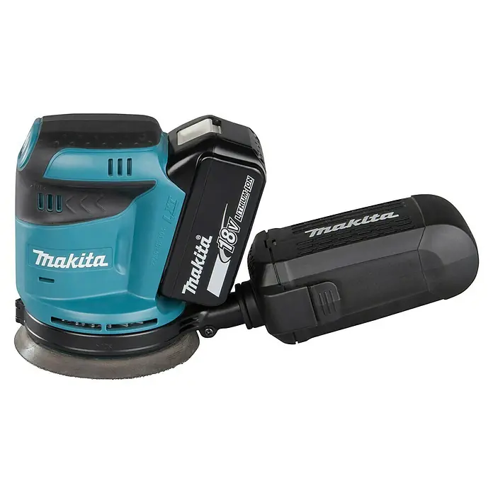 Makita LXT 18V Lijadora excéntrica de batería DBO180RTJ -  - Lijadora orbital aleatoria inalámbrica Makita turquesa y negra con batería y bolsa de polvo.