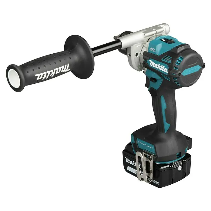 Makita LXT 18V Akku-Bohrschrauber DDF492RTJ - 18 V, 2 Akkus, 130 Nm - Makita Akku-Bohrmaschine in Schwarz-Türkis mit Seitenhandgriff und Akku, ausgestattet mit bürstenlosem Motor.