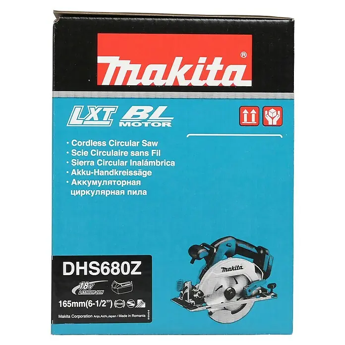 Makita LXT 18V Akku-Handkreissäge DHS680Z - 18 V, Ohne Akku, Leerlaufdrehzahl: 5.000 U/min - Makita DHS680Z 18V Akku-Handkreissäge in blauer und schwarzer Produktverpackung, mit 165mm (6-1/2") Sägeblatt.