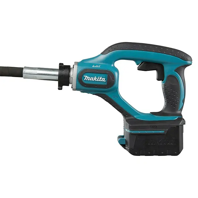 Makita LXT 18V Akku-Betonverdichter DVR450Z - 18 V, Ohne Akku, Schwingzahl: 13.000 U/min - Makita Akku-Betonrüttler in Türkis und Schwarz mit flexiblem Schaft und Akkupack. Ein leistungsstarkes Werkzeug für den Bau.