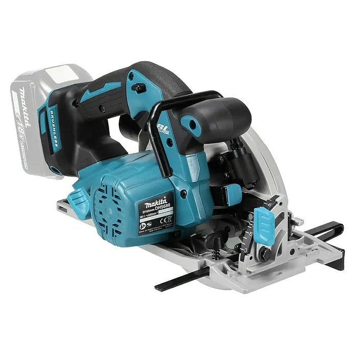 Makita LXT 18V Akku-Handkreissäge DHS680Z - 18 V, Ohne Akku, Leerlaufdrehzahl: 5.000 U/min - Makita 18V Akku-Kreissäge, türkis und schwarz, mit verstellbarer grauer Grundplatte und 165mm Sägeblatt. Bürstenloser Motor.