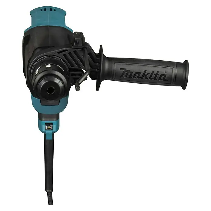 Makita Kombihammer HR2670FTX1 - 800 W, 3 J, SDS-Plus-Aufnahme - Schwarz-türkiser Makita Bohrhammer mit Seitenhandgriff und Netzkabel. Mit Bohrfutter und Moduswahlschalter.