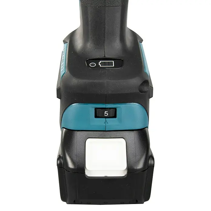 Makita LXT 18V Akku-Winkelschleifer DGA519Z - 18 V, Ohne Akku, Leerlaufdrehzahl: 3.000 U/min - 8.500 U/min - Schwarzes und türkises Gehäuse eines Akku-Werkzeugs mit Batterie, Batterieanzeige und Wählrad auf „5“.