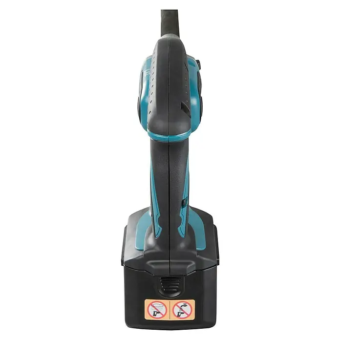 Makita LXT 18V Akku-Betonverdichter DVR450Z - 18 V, Ohne Akku, Schwingzahl: 13.000 U/min - Akkubohrschrauber in Schwarz und Türkis, Rückansicht mit Warnhinweisen am Akku.