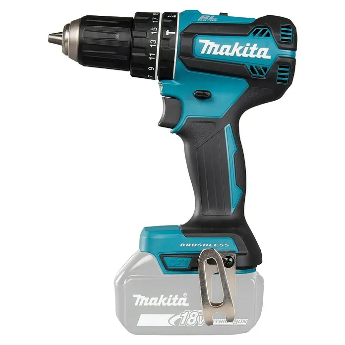 Makita LXT 18V Akku-Schlagschrauber DHP485Z - 18 V, Ohne Akku, 50 Nm - Makita Akku-Bohrschrauber in Türkis und Schwarz, mit 18V LXT Akku und bürstenlosem Motor.