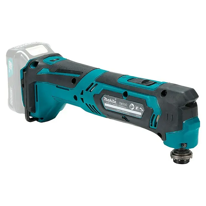 Makita CXT 12V max. Akku-Multifunktionswerkzeug TM30DZ - 12 V, Ohne Akku - Kabelloses, türkis-schwarzes oszillierendes Multitool mit grauem Akku, mit texturiertem Griff und abgewinkeltem Kopf.