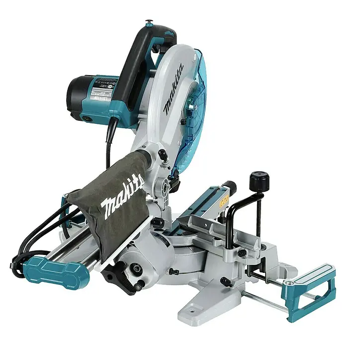 Makita Kapp- & Gehrungssäge LS1110F - 1.400 W, Durchmesser Sägeblatt: 260 mm, Leerlaufdrehzahl: 4.500 U/min - Makita Gehrungssäge in Silbergrau mit türkisen Akzenten, schwarzem Griff und Staubbeutel.