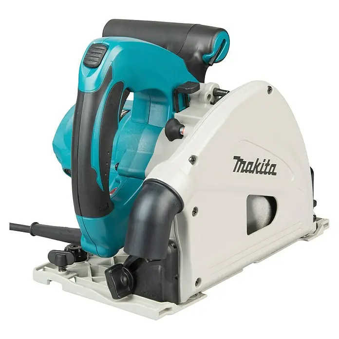 Makita Tauchsäge SP6000J1 mit Makpac und Führungsschiene - 1.300 W, 6.400 U/min - Türkise und schwarze Makita Tauchsäge mit cremeweißem Sägeblattschutz und Basis, mit Makita-Logo. Dieses Elektrowerkzeug ist für Präzisionsschnitte.