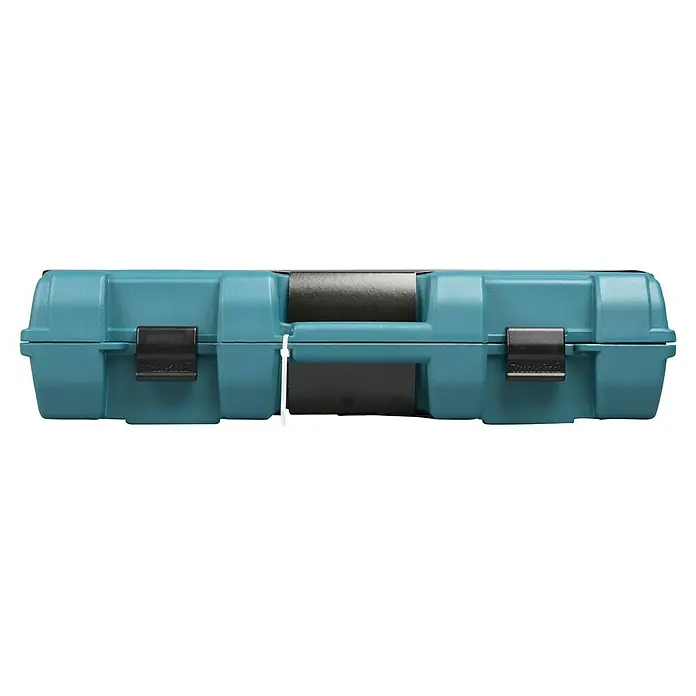 Makita Säbelsäge JR3051TK - 1.200 W, Hublänge: 30 mm - Türkiser Makita Kunststoff-Werkzeugkoffer mit schwarzen Verschlüssen und Griff.