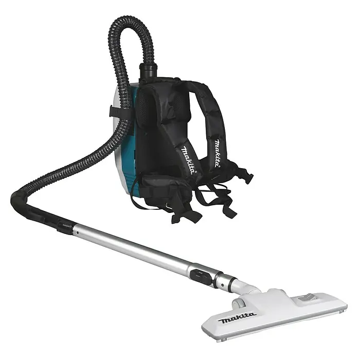 Makita XGT 40V max. Aspiradora con mochila de batería VC008GZ - 40 V, Sin batería, Volumen de recipiente: 2 l - Aspiradora de mochila Makita turquesa y negra con manguera negra, tubo de extensión plateado y boquilla de suelo blanca.