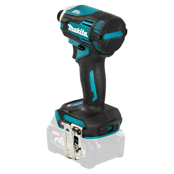 Makita XGT 40V max. Akku-Schlagschrauber TD001GZ - 40 V, Ohne Akku - Makita Schlagschrauber, türkis und schwarz, mit XGT 40V Akku und Metallgürtelclip.